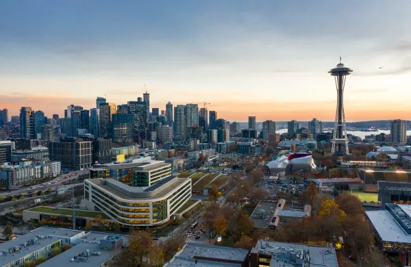 Drone shot of downtown Seattle, Washington at sunset.