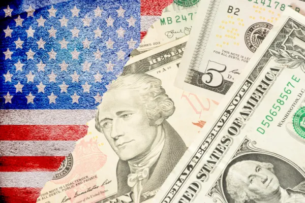 Flag of USA and dollar banknotes