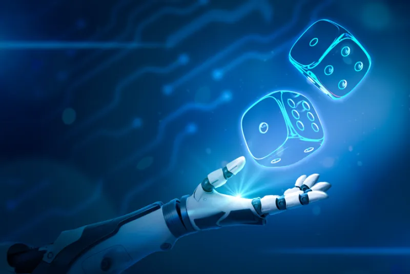 Robotic hand and neon casino dice on blue background Robotic hand and neon casino dice on blue background